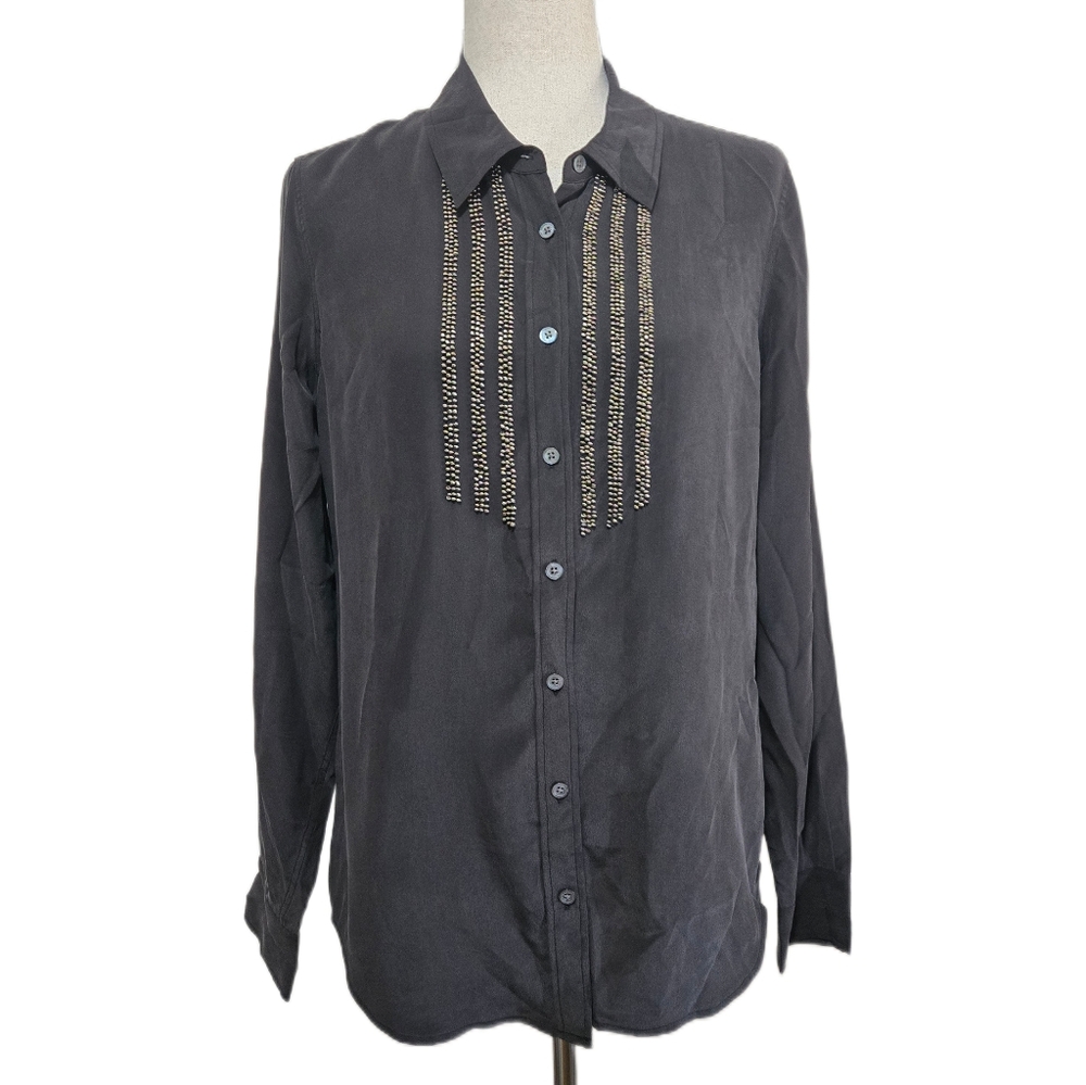 Equipment Femme Charcoal Gray 100% Silk Beaded Button Down Shirt - Medium